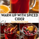 A steaming mug of spiced cranberry apple cider with cinnamon sticks and orange slices on a rustic table. 2